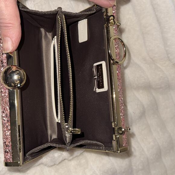 Henri Bendel Flip Lock Glitter Party Box Purse Pink Clutch Gold Shoulder Bag